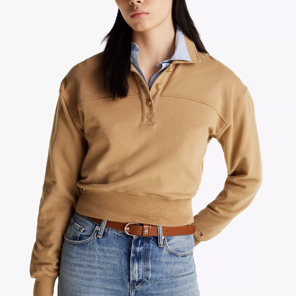 Tommy Hilfiger (NWT) Gold-Tone Button Polo Sweatshirt, Safari Canvas (Rare)
